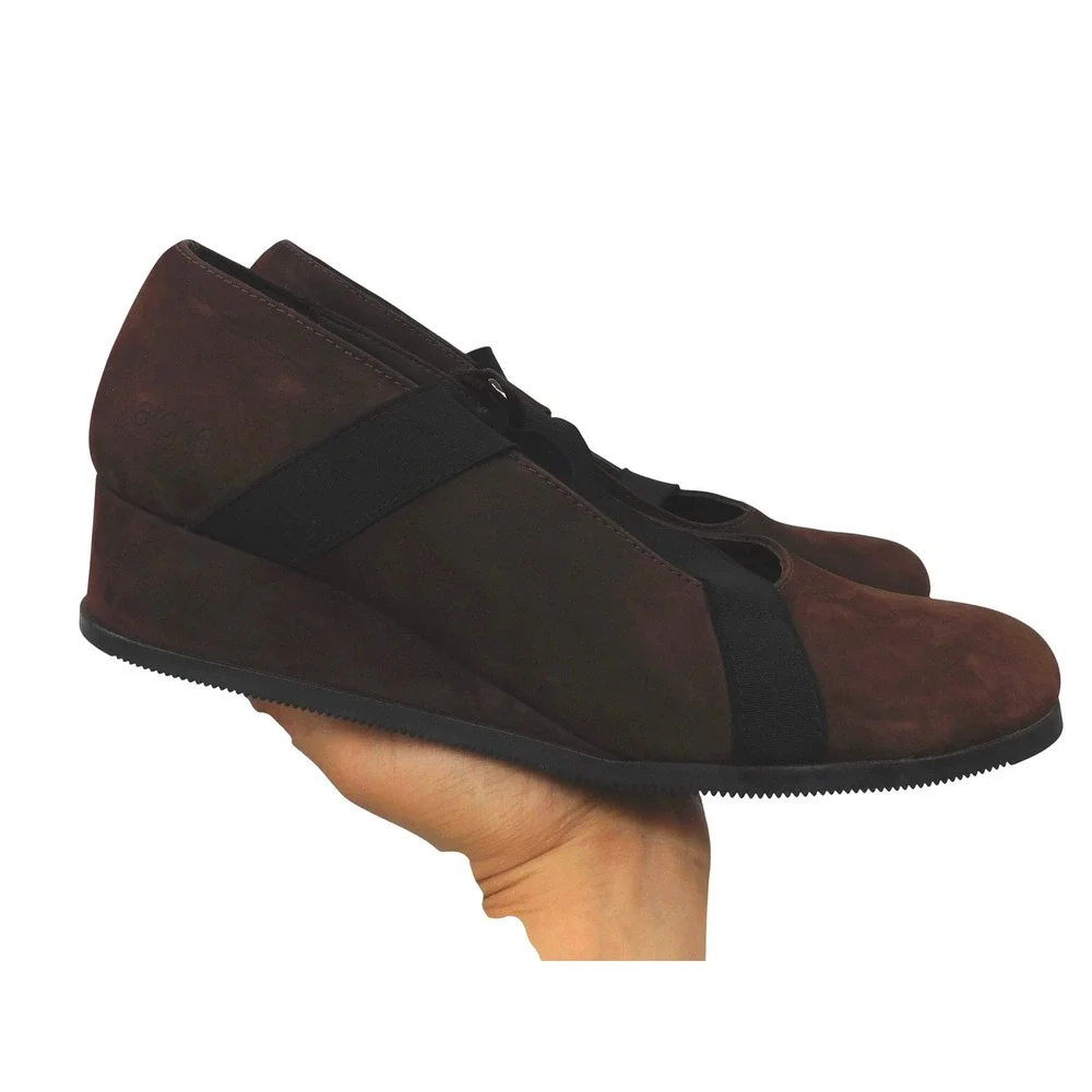 Arche Brown Nubuck Leather Wedge Pumps Black Elastic Straps‎ France Womens 37